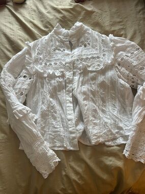 The Shirt by Rochelle Behrens White Eyelet Ruffle Button-Up Blouse